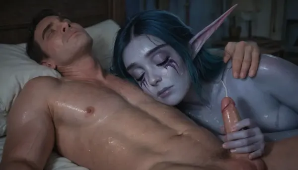 score_9, score_8_up, score_7_up, score_6_up, ultra realistic, photorealistic porn, (1woman, 1man, hetro couple), (exhausted night elf female:1.3), (pale blue skin glistening with sweat:1.4), long messy teal hair, medium breasts, glowing blue eyes, bruised swollen lips parted, heavy breathing, chest heaving, thighs trembling spread wide, cum dripping from used pussy and inner thighs, slumped against dungeon stone wall, dimly lit torchlight, cinematic, film grain, detailed skin texture, post-orgasm wrecked expression, (1man, out of frame, white man, masturbating his, (small cock:1.6), (handjob)), (cum on body:1.6), (ejaculation:1.7)