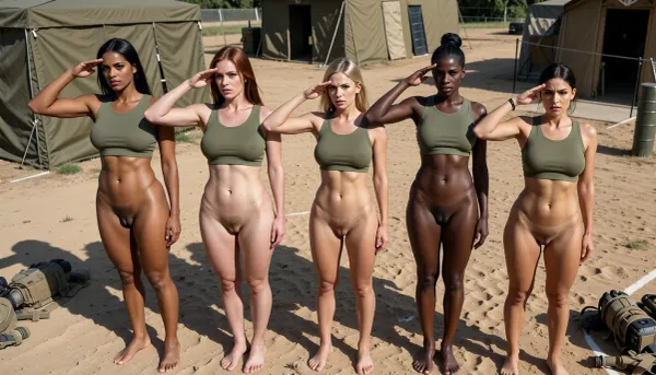 (masterpiece, best quality:1.3), photorealistic, 8k, ultra-detailed, five diverse female soldiers standing in a perfect straight line at attention outside a dusty military training field, only wearing matching olive green tank top shirts, shirts cover breasts and bellies, lower half completely nude, bushy pussies, (tight-fitting shirts to reveal hourglass curves narrow waists), barefoot, all five rendering a simultaneous sharp salute with perfect synchrony, feet together, rigid upright posture, military bearing.

Soldier 1, tall athletic brunette with green eyes, olive skin, muscular thighs.
Soldier 2, medium-height curvy redhead with fair skin, freckles, wide hips, blue eyes.
Soldier 3, petite blonde with honey skin, athletic hourglass figure, hazel eyes.
Soldier 4, tall black woman with sculpted curves, black hair, tight pony tail, brown eyes, strong shoulders.
Soldier 5, medium-height Latina with long dark hair, light brown-bronze skin, pronounced curves, full lips, brown eyes.

All with stern determined expressions, hand salute, eyes ahead, dust particles, army tents and obstacle course in background, bird eye view, view from above, diagonal view, drone view, oblique wide angle shot, Dutch angle, Canon R5 16-35mm, functional tactical gear scattered on the ground, highly detailed skin textures.