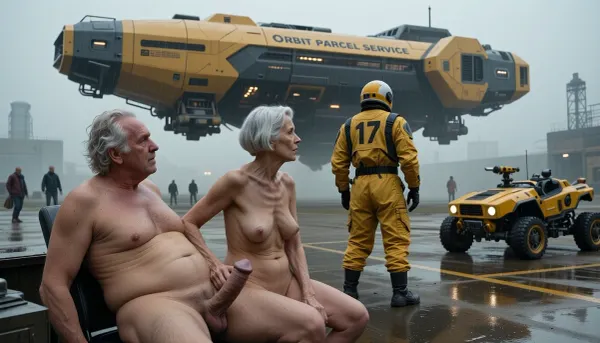 In an outdoor room, an obese old man with a prominent belly and disheveled white hair is sitting on his back. His penis is erect. Two elderly, naked, and stout women, around 90 years old, are also present. Their skin, marked by wrinkles, (small, long, sagging breasts, thin skin), reflects their age., (One of the women with a bob-cut hairstyle performs masturbation on the man:5), (masterpiece, top quality, best quality:1.2), cinematic view, a lone astronaut in a yellow tactical spacesuit with the number '17' on the back, standing on a wet, rainy landing pad, viewed from behind, looking up at a massive, hulking, yellow and dark gray industrial spaceship hovering just above the ground, the ship has the text "ORBIT PARCEL SERVICE" clearly written on its side, a rugged yellow futuristic rover parked to the right, other figures visible in the misty, foggy background, industrial sci-fi aesthetic, gritty texture, moody atmospheric lighting, overcast sky, wet reflective concrete ground, hyper-detailed, cinematic composition, futuristic technology, post-apocalyptic vibe, shot on 35mm lens, depth of field, sharp focus on the astronaut.