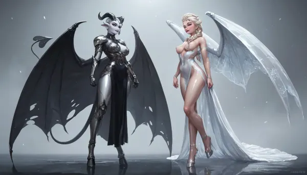 2 girls, elsa, white skin, anthro devil, naked, nude, Hooves, gigantic Torn wings, fully clothed sheer black evening dress, oiled body, metallic body armor