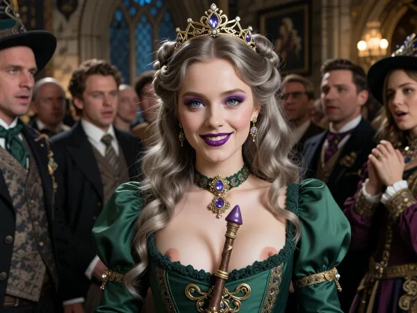 Harry Potter reality, steampunk setting, entourage of alternate fantasy Victorian era, Victorian young lady-witch, doll face, wavy long ash‑blonde hair, intricate hairstyle, (provocative dark-purple makeup), purple lipstick, provocative smile, gold tiara with diamonds, large bright blue hazel eyes, paper‑white skin, green Victorian gown dress, deep cleavage showing exposed nipples, exquisitely decorated magic wand sticking from decollate between breasts, puff‑sleeve sleeves, she looks fancy, in Hogwarts Yule Ball, everybody around stares at her lustfully