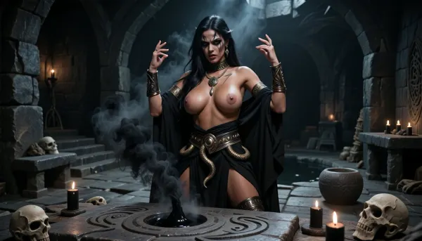 A cinematic, dark fantasy scene depicting a Stygian dark sorcerer from the Hyborian Age, performing a forbidden ritual deep inside an ancient subterranean dungeon. She is a strikingly beautiful woman in her mid-twenties, with long dark hair, intense dark eyes, large natural sagging breasts, and sun-bronzed skin, possessing the dangerous allure of a femme fatale, beautiful in a sinister, corrupted, predatory way rather than innocent or delicate.

Her face show subtle but unmistakable signs of corruption caused by prolonged exposure to forbidden magic, unnatural shadow-like markings around her eyes, while she remains recognizably human and extraordinarily beautiful.

She is topless wearing dark Stygian ritual garments inspired by an ancient decadent desert kingdom, black linen, dark leather, bronze and tarnished gold ornaments, serpent-shaped jewelry, ritual belts, engraved armlets, and pieces of revealing but practical ceremonial clothing. Her appearance should feel ancient, dangerous, aristocratic and sorcerous.

She stands before a massive crudely carved stone altar, conducting a dark ritual. Ancient symbols and serpent motifs have been roughly cut into the altar and surrounding stone floor. Strange black smoke, shadowy magical energy and faint unnatural light rise from the ritual site, illuminating her face from below. Her hands are raised as she manipulates the forbidden magic, her expression focused, confident and quietly malevolent.

The dungeon is primitive, oppressive and brutal in construction, built entirely from enormous roughly hewn dark stone blocks. Walls, pillars, steps, benches, tables, ritual stands and altars are all made from coarse unfinished stone. Nothing should look polished, luxurious or clean. The chamber feels ancient, subterranean and almost prehistoric, as though carved directly into the earth centuries ago.

Sparse black or very dark wax candles burn around the ritual area, their small flames barely penetrating the darkness. Pools of heavy shadow dominate the room. Ancient skulls, weathered ritual objects, crude stone bowls and traces of old sacrifices may be present, but the environment remains restrained and believable rather than cluttered.

Low-key cinematic lighting, deep blacks, warm candlelight mixed with faint sinister magical illumination, dramatic chiaroscuro, volumetric smoke, oppressive atmosphere, gritty realistic textures, weathered stone, realistic anatomy, realistic skin texture, realistic breasts, realistic nipples, detailed breasts, detailed nipples, detailed hands, detailed fingers, detailed eyes, natural proportions, dark mature sword-and-sorcery aesthetic, photorealistic, cinematic realism, highly detailed, brutal ancient fantasy atmosphere.
