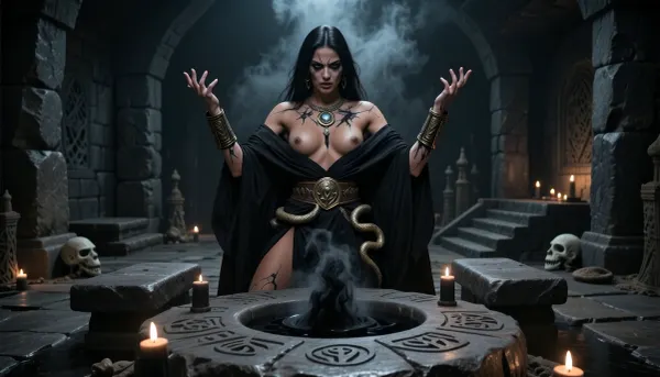 A cinematic, dark fantasy scene depicting a Stygian dark sorcerer from the Hyborian Age, performing a forbidden ritual deep inside an ancient subterranean dungeon. She is a strikingly beautiful woman in her mid-twenties, with long dark hair, intense dark eyes, and sun-bronzed skin, possessing the dangerous allure of a femme fatale, beautiful in a sinister, corrupted, predatory way rather than innocent or delicate.

Her body and face show subtle but unmistakable signs of corruption caused by prolonged exposure to forbidden magic, faint blackened veins beneath parts of her skin, dark discoloration spreading from her fingertips, unnatural shadow-like markings around her eyes, small areas of cracked skin glowing very faintly with sickly arcane energy, while she remains recognizably human and extraordinarily beautiful.

She wears dark Stygian ritual garments inspired by an ancient decadent desert kingdom, black linen, dark leather, bronze and tarnished gold ornaments, serpent-shaped jewelry, ritual belts, engraved armlets, and pieces of revealing but practical ceremonial clothing. Her appearance should feel ancient, dangerous, aristocratic and sorcerous.

She stands before a massive crudely carved stone altar, conducting a dark ritual. Ancient symbols and serpent motifs have been roughly cut into the altar and surrounding stone floor. Strange black smoke, shadowy magical energy and faint unnatural light rise from the ritual site, illuminating her face from below. Her hands are raised as she manipulates the forbidden magic, her expression focused, confident and quietly malevolent.

The dungeon is primitive, oppressive and brutal in construction, built entirely from enormous roughly hewn dark stone blocks. Walls, pillars, steps, benches, tables, ritual stands and altars are all made from coarse unfinished stone. Nothing should look polished, luxurious or clean. The chamber feels ancient, subterranean and almost prehistoric, as though carved directly into the earth centuries ago.

Sparse black or very dark wax candles burn around the ritual area, their small flames barely penetrating the darkness. Pools of heavy shadow dominate the room. Ancient skulls, weathered ritual objects, crude stone bowls and traces of old sacrifices may be present, but the environment remains restrained and believable rather than cluttered.

Low-key cinematic lighting, deep blacks, warm candlelight mixed with faint sinister magical illumination, dramatic chiaroscuro, volumetric smoke, oppressive atmosphere, gritty realistic textures, weathered stone, realistic anatomy, realistic skin texture, detailed hands, detailed eyes, natural proportions, dark mature sword-and-sorcery aesthetic, photorealistic, cinematic realism, highly detailed, brutal ancient fantasy atmosphere.