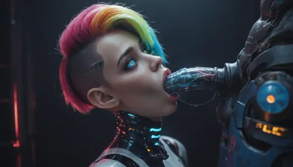 tall, athletic, buxom, (android:1.5), (iridescent chalk white skin:1.2), (iridescent electric blue robotic body:1.4), (colorful fluorescent buzzcut hair:1.5), (iridescent void eyes:1.3), (deepthroat:1.3), gaging, slobering, saliva, cyberpunk hotel bedroom