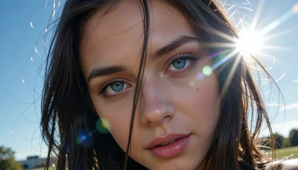 (experimental avant-garde artistic study of light and contrast), (striking low-angle closeup of a 27yo woman's brilliant blue eyes), (surreal scene with intense hair-glow lighting, HDR lighting, light bloom, god rays, lens flare), (stray strands of hair framing her face), (outdoors daylight scene), (cinematic offset framing composition)
