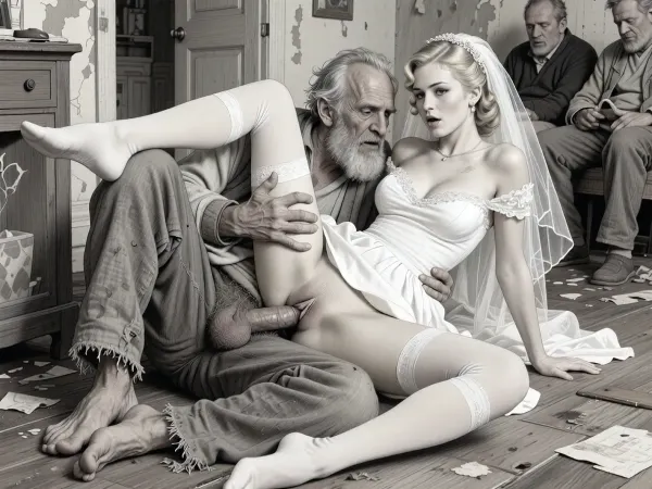 This is a detailed monochromatic pencil drawing in a classical illustrative style depicts a scene set in 1950s, Rough, hardcore sex in an abandoned house. very old homeless man fucks a A 20 years old bride missionary style, lying on the dirty floor. The homeless man's penis is inside the bride's pussy. A 20 years old blonde bride, wears an elegant white wedding dress, The wedding veil on her head, . Her shoulders are relaxed, her chin is slightly raised. elegant white wedding dress hiked up to her waist. White stockings with garters. Her beautiful, firm breasts are visible. A very old homeless man, (90 years old), a very decrepit old man, is having sex with her. They rough grabs her tits.His clothes are worn and layered, rough fabrics, faded colors, frayed edges, visible signs of aging and texture., (His pants are pulled down, cock and hairy scrotum are visible:1.4), . He is having sex with a woman, penetrating her hairy vagina with his penis. Sex, vaginal penetration, missionary position, woman lying on the floor. Female orgasm. Other homeless old men are sitting and watching them masturbating, Group sex.The overall mood is intense, rendered in fine, expressive line work and subtle shading, evoking the style of 1950s satirical or moralistic illustrations.