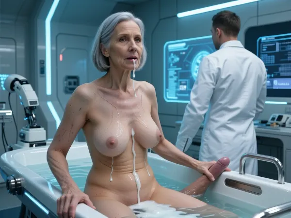 (an aged woman, 70 years old:1.8), . Her skin is that of a 70-year-old woman. The old lady has grey hair, (Small, long, and very saggy breasts:1.8), ((very detailed skin)), . Hair cut in a bob. A nude woman with large sagging breasts with very prominent stretch marks is bathing in a tank full of white sperm, she has sperm dripping from her mouth and nose all over her stomach. Next to her, a man jerks off in the tank, and this happens in, (masterpiece, top quality, best quality, ultra-detailed), futuristic medical room, high-tech hospital room, sterile atmosphere, clinical aesthetics, medical professional standing with back to camera, wearing white uniform, looking at holographic digital displays, clean lines, advanced robotic surgery bed in the foreground, sleek metallic surfaces, soft cool-toned blue lighting, luminous panels on walls, intricate medical equipment, cybernetic details, sci-fi environment, cinematic lighting, sharp focus, 8k resolution, futuristic interior design, smooth surfaces, volumetric lighting, digital art, hyper-realistic, photorealistic.