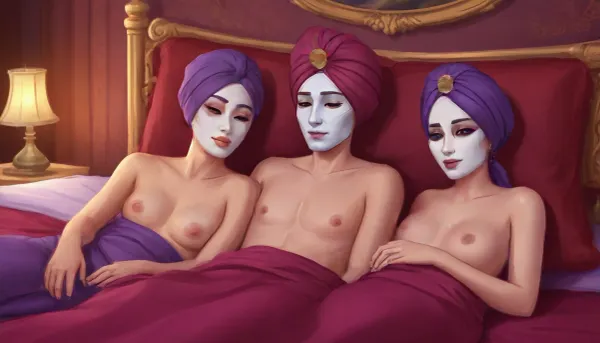 spooning sex, couple, one male and one female, laying on burgundy bed, both wearing porcelain masks with purple turbans, side view, (artwork, digital painting, fantasy art, loading screen art style), <lora:LegendDarkFantasy-000001:1>, <lora:SumTim:.1>, <lora:SDXLSamDoesArts:.5>