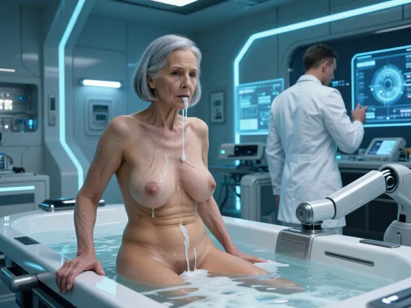 , (An aged woman, 90 years old:1.8), . Her skin is that of a 90-year-old woman. The old lady has grey hair, (Small, long, and very saggy breasts:1.8), ((very detailed skin)), . Hair cut in a bob. A nude woman with large sagging breasts with very prominent stretch marks is bathing in a tank full of white sperm, she has sperm dripping from her mouth and nose all over her stomach. Next to her, a man jerks off in the tank, and this happens in, (masterpiece, top quality, best quality, ultra-detailed), futuristic medical room, high-tech hospital room, sterile atmosphere, clinical aesthetics, medical professional standing with back to camera, wearing white uniform, looking at holographic digital displays, clean lines, advanced robotic surgery bed in the foreground, sleek metallic surfaces, soft cool-toned blue lighting, luminous panels on walls, intricate medical equipment, cybernetic details, sci-fi environment, cinematic lighting, sharp focus, 8k resolution, futuristic interior design, smooth surfaces, volumetric lighting, digital art, hyper-realistic, photorealistic.