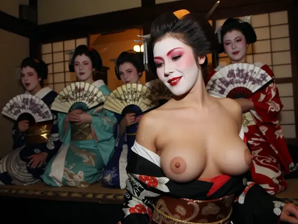 a lively scene in a ancient japanese upscale brothel, a group of young 21yo geisha Performing with fans on a stage, (exaggerated traditional maiko makeup, White Face Powder, Red Rouge & Lipstick, Shaved & Redrawn Eyebrows), (The kimono is open and falls over one shoulder so that the breast is visible:1.8), firm breasts