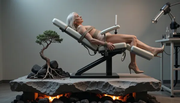 woman of 70 years old nude business woman lays bondaged on gyno chair ready for sexual experiments of mad scientist in lab, high heels, fuck machine

minimalist fine art photography, a weathered concrete slab with a cracked, organic edge, a lone delicate bonsai tree growing from a rugged pile of dark volcanic rocks at the base, roots intertwining with the stone, glowing warm ember light at the bottom, soft atmospheric grey background, dramatic chiaroscuro lighting, sharp focus, hyper-realistic, intricate textures, cinematic composition, 8k resolution, serene and contemplative mood, masterwork, minimalist aesthetic. View from 3/4