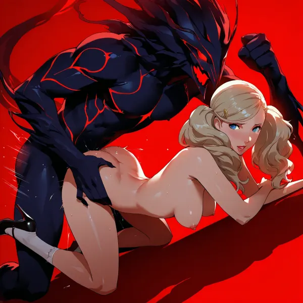 (Soejima_shigenori style:1.2), uncensored, takamaki ann, persona 5, 1girl, blue eyes, blonde hair, long hair, twintails, swept bangs, hairclip, medium breasts, rough sex, (shadow monster male:1.3), Ann fucked by shadow monster, high resolution, highres, nipples, (red lighting:1.3), black louboutin, nylon socks
