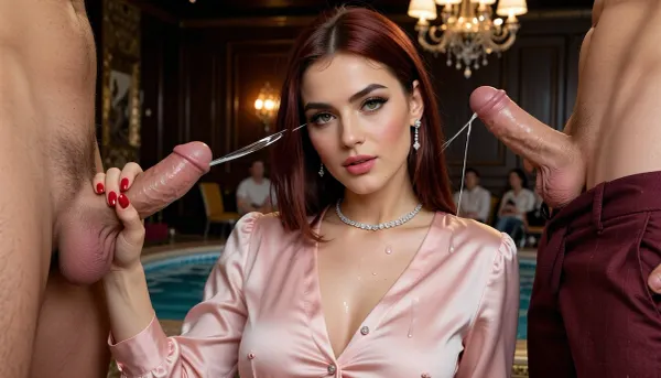 bukkake, [TULSA73418], masterpiece best quality, score_9 score_8_up, 3incredibly beautiful elegant turkish woman, 24 years old, onlyfansmodel, with big green eyes, perfect shiny eyes, medium length straight red-dark hair, cute face, perfect hair desing, pink lips, She has a She has smooth and flawless skin, shy, perfect long red nails, prominent cheekbones, perfect hands, long diamond earrings, diamond wedding rigs, very realistic, 8K, very realistic.elegant and attractive facial features, smooth skin with natural texture, very white and very pale skin, perfect skin texture, diamond necklace, expressive eyes, soft feminine lines, light make-up, long eyelashes, dark eye makeup, captivating gaze, perfect nose, innocent look, very fair complexion, a fit body, ultra HD, realistic face, long legs, two men in the immediate foreground at either side of the frame edge one primary biological male 34yo on the left mid-release the shaft visible at the lower frame edge arcing a stream toward her face, one primary biological male 31yo on the right just finishing the shaft retracting a thin trailing strand still connecting to the glans, the remaining crowd blurred behind them, hair in the ponytail with a few loose strands now wet and stuck to the right temple and the cheek, soft pastel-pink satin blouse three upper buttons undone the front panel showing a small wet patch at the sternum where a stream has hit and beaded the satin the rest of the blouse still dry and matte, the neck tie slightly loosened one end damp, dark burgundy woven trousers intact a faint damp streak at the upper waistband from a stray drop, small gold hoop earring left ear catching a drop of fluid, the club room dark wood paneling the chandelier amber pool the men's silhouettes in the background, 40mm lens f/2.0 close-up head to mid-chest the fluid on the face the wet strands in the hair the beaded satin at the sternum the two foreground men at the frame edges, 8k hyper-realistic individual droplet detail on the skin the fluid tension on the strands of hair the satin fabric beading cool undertone no tattoos