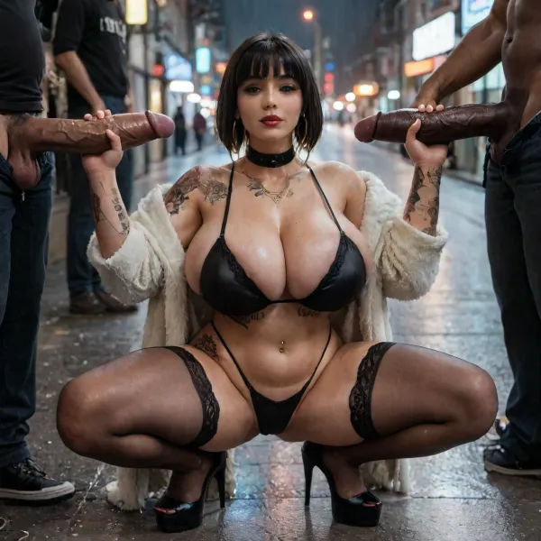 (One girl is squatting down in an alley at night), ghetto backround, dark, nighttime, run-down alley, outside, arrogant look, bad mood, mean look, looking at the viewer, sideview, elevated Angle, UHD 8K, extreme realism, maximum detail, photorealistic, hdri, (black platform high heels, black slave collar, black hair, A-line bob haircut, extremely straight hair, gigantic silver hoop earrings, silver jewelry, full body tattoos:1.25), neck tattoo, arm tattoos, leg tattoos, spiderweb tattoos, exquisite black lingerie bra with huge cutouts and deep cleavage, transparent black stockings, black thong, (grey long shiny fur coat:1.2), Voluptuous, thick thighs, big bulging ass, huge breasts, beautiful face, tanned skin, tanlines, navel piercing, <lora:polyhedron_photostudio-000005:.8>, <lora:192af1bb3d75bab622d76a8c8cf0a0b9:.8>, <lora:LCMTurboMix_Euler_A_fix:.8>, <lora:bombshell_v2:.8>, <lora:Venus_Body_Alpha:.8>, at night in cold heavy rain, 35 mm prime lens, puddles covering the street, rainwater rippling and reflecting neon and streetlights, cars passing by on the wet road, cold wet atmosphere, strong contrast, warm and cold color separation, realistic skin texture, detailed wet fabric, glossy reflections on asphalt, subtle volumetric rain haze, cinematic depth of field, rich shadow detail, natural urban grit, (raining:1.5), back arched, legs spread extremely wide, many african men are surrounding her, holding their massive cocks, she is staring up at them, gangbang, interracial scene, before sex, (huge cock:1.5), (african men:1.5), (double handjob:1.5), soaking wet body, (the men are holding their cocks:1.5), (thick thighs:1.5), ultra fat breasts, (many tattoos on legs:1.5), (gangbang:1.5)