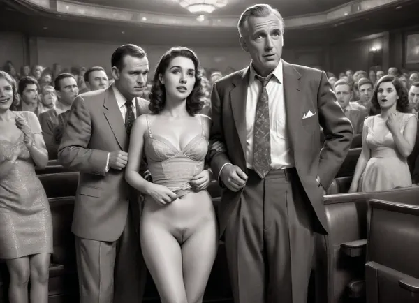 This is a detailed monochromatic pencil drawing in a classical illustrative style depicts a scene set in in the movie theater in the 1950s.2 old men and 1woman are сидят на сиденьях кинотеатра with the girl in the middle, woman strokes both old men for double handjobs, woman is wearing a 1950s dress and Her dress is slightly pulled up, she is wearing brown stockings but no panties, no shoes. her genitals are slightly visible, Her knees are spread. both old men are casually dressed with open trousers and errected dicks, with brown hair, men are looking sexually aroused and lustful, sweaty, candid amateur picture, man is fully visible, men are looking into camera, . The overall style is a black and white pencil drawing, capturing a candid moment. The scene has a formal, organized atmosphere. The overall mood is intense, rendered in fine, expressive line work and subtle shading, evoking the style of 1950s satirical or moralistic illustrations., skirtlift, <lora:skirtlift_xl:1.5>