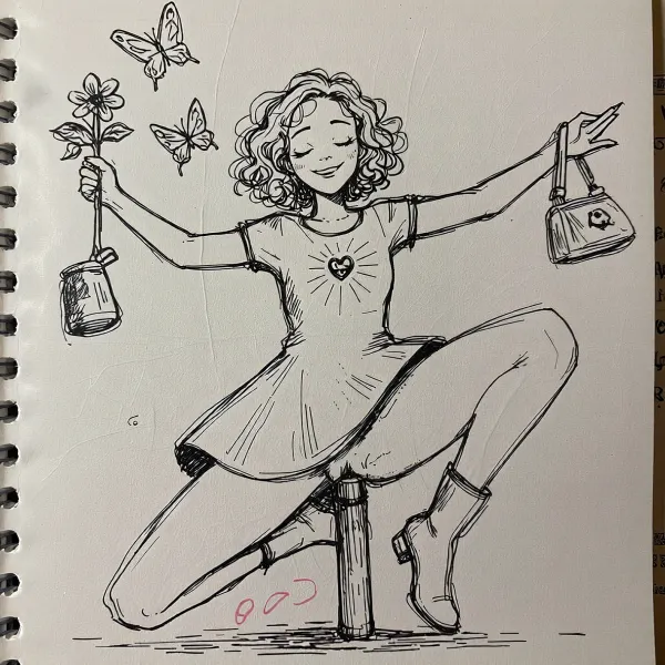 A whimsical, hand-drawn ink sketch on white paper. The central subject is a joyful, stylized younger female figure in mid-leap or dance, arms outstretched. She wears a simple A-line dress with a heart emblem at the chest and radiating lines suggesting energy or light. Her hair is curly, her face features closed, smiling eyes and a gentle grin, conveying serenity. In her right hand, she holds a flower with two fluttering butterflies nearby, her left hand grips a small pouch or bag. One leg is bent behind her, the other extended forward, ending in a pointed walking-boots. Her vagina is perfect drawn, with her dress pulled up, with focus on her cunt. She is impaled on a pole which goes up from the ground into her vagina. Faint red handwritten numbers appear near her foot. The drawing uses loose, expressive black linework with minimal shading. Lighting is flat and even, typical of a scanned sketch. Background includes subtle creases and faint reversed text from the reverse side of the paper. high-contrast line art on textured paper.