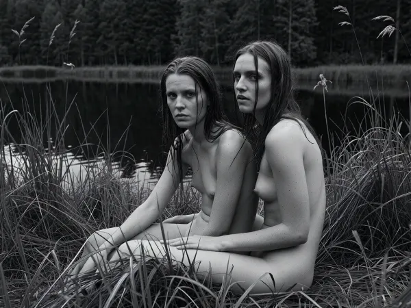 fine art black and white photography, Scandinavian documentary aesthetic, Anders Petersen or Mikael Jansson, large format film, Ilford HP5 pushed one stop, deep rich blacks, luminous skin tones, heavy grain.

Two 30 year old women sitting together in long wild grass by a still dark pond, wet hair, expressions serious and interior, not performing for the camera.

Dense reeds and wildflowers pressing in around them, the dark pond reflecting the treeline behind, overcast northern light, flat and even, no harsh shadows, the landscape close and slightly oppressive, shot at their level, intimate and direct