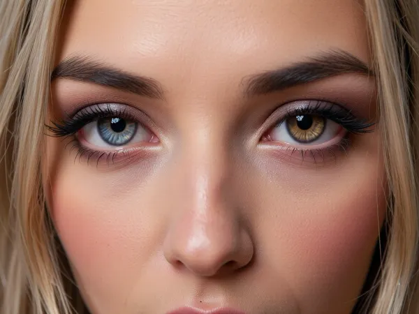 Woman, solo, nude, extreme facial close-up, blush, looking at viewer, (((heterochromia))), (extremely intricate and detailed, highly detailed eyes, high resolution eyes, high quality eyes, blonde hair, highly detailed hair), (masterpiece, sharp focus, award winning, cinematic lighting, warm glow lighting face), (heterochromia, symmetric eyes, different coloured eyes one blue-grey eye, one brown eye, detailed eyes, detailed iris, detailed pupils, limbal ring around iris, perfectly round iris, perfectly round pupils), (expressive eyes, striking eyes, captivating eyes, glittering eyes, Fae eyes), (photography rule of thirds), dark eyebrows