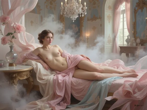 adult nude female muse in an opulent rococo palace, inspired by classical European oil paintings, reclining pose, grand chandelier, antique furnishings, delicate fabrics, soft window light, baroque elegance, painterly realism, rich textures, museum masterpiece, old master aesthetic, highly detailed, atmospheric perspective, fine art, timeless beauty.
Composition, The composition is centered around the figure of the woman, drawing the viewer's eye directly to her. She is placed slightly off-center, creating a more dynamic and engaging visual flow. The flowing fabric of her dress and the surrounding ethereal elements create a sense of depth and envelopment, with the foreground and background softly blurring. The negative space, particularly the misty, hazy background, helps to emphasize the subject and contribute to the overall sense of etherealness. The use of soft, organic shapes in the fabric and mist contrasts with the implied architectural elements in the background, adding a layer of visual interest.
Color Usage, The color palette is predominantly soft and muted, dominated by shades of blush pink, rose, and warm beige, with accents of pale blue and grey in the background. This limited and harmonious color scheme contributes significantly to the romantic and dreamy quality of the image. The soft diffusion of light within these colors enhances the sense of delicacy and creates a gentle, luminous effect. There are no harsh or contrasting colors, which further enhances the overall feeling of softness and tranquility.
Artistic Characteristics, The image exhibits a high degree of artistic sophistication, characterized by its soft focus, diffused lighting, and painterly quality. The texture of the fabric is rendered with great detail and fluidity, giving it a tangible yet airy feel. The woman's pose and expression convey a sense of pensive introspection and delicate grace. The overall aesthetic leans towards fantasy and surrealism, creating a scene that feels both intimate and otherworldly. The technique appears to be a digital creation that mimics the softness and blending of traditional painting or watercolor, possibly with elements inspired by photography that has been heavily stylized. The emphasis is on mood and emotion rather than sharp realism