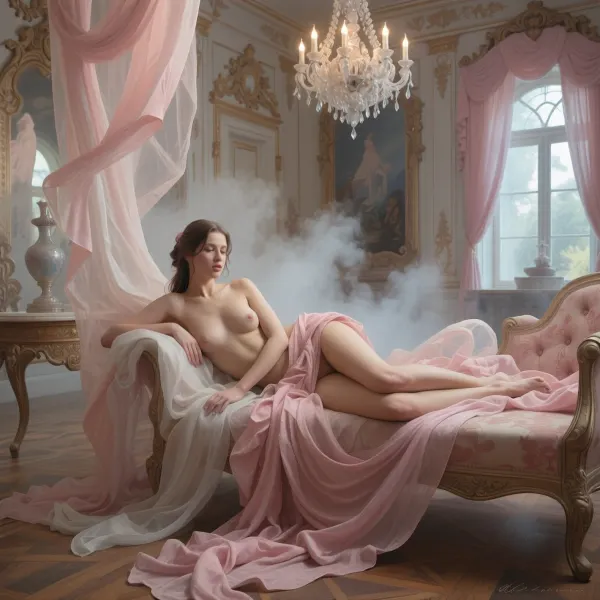 adult nude female muse in an opulent rococo palace, inspired by classical European oil paintings, reclining pose, grand chandelier, antique furnishings, delicate fabrics, soft window light, baroque elegance, painterly realism, rich textures, museum masterpiece, old master aesthetic, highly detailed, atmospheric perspective, fine art, timeless beauty.
Composition, The composition is centered around the figure of the woman, drawing the viewer's eye directly to her. She is placed slightly off-center, creating a more dynamic and engaging visual flow. The flowing fabric of her dress and the surrounding ethereal elements create a sense of depth and envelopment, with the foreground and background softly blurring. The negative space, particularly the misty, hazy background, helps to emphasize the subject and contribute to the overall sense of etherealness. The use of soft, organic shapes in the fabric and mist contrasts with the implied architectural elements in the background, adding a layer of visual interest.
Color Usage, The color palette is predominantly soft and muted, dominated by shades of blush pink, rose, and warm beige, with accents of pale blue and grey in the background. This limited and harmonious color scheme contributes significantly to the romantic and dreamy quality of the image. The soft diffusion of light within these colors enhances the sense of delicacy and creates a gentle, luminous effect. There are no harsh or contrasting colors, which further enhances the overall feeling of softness and tranquility.
Artistic Characteristics, The image exhibits a high degree of artistic sophistication, characterized by its soft focus, diffused lighting, and painterly quality. The texture of the fabric is rendered with great detail and fluidity, giving it a tangible yet airy feel. The woman's pose and expression convey a sense of pensive introspection and delicate grace. The overall aesthetic leans towards fantasy and surrealism, creating a scene that feels both intimate and otherworldly. The technique appears to be a digital creation that mimics the softness and blending of traditional painting or watercolor, possibly with elements inspired by photography that has been heavily stylized. The emphasis is on mood and emotion rather than sharp realism
