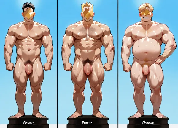 3men only., (Three men stand on display for purchase:1.7), . From left to right. Man 1, short, fat, hairy, with a small flaccid cock. Man 2, medium build, no body hair, no muscles, an average flaccid cock. Man 3, tall, muscular, 6 pack, huge flaccid cock, handsome, blonde, perfect teeth, smiling. Must all be different height and have different sized penises
