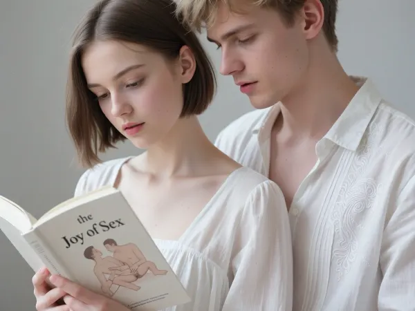 hyper-realistic, razor sharp focus, ethereal and precise, young adult girl and boy, (porcelain white skin smooth as polished marble, thin, brown hair in short bob, hazel eyes), she is looking down reading a paperback "the Joy of Sex", the cover has a pencil drawing of a couple fucking, she is unaware of the viewer, (he has untidy blond hair, simple shirt, open), She is wearing a long white linen blouse, delicate embroidered detail, fine pintucks, the blouse hangs loose and open.

The skin the entire subject of the image, soft diffused light from a single source, no harsh shadows, the skin so pale it generates its own luminosity, ivory and white and the faintest blush of pink, the background soft and dissolving into pale grey, hyper realistic skin texture, flawless
porcelain skin, no visible skin textures or hairs, luminous and translucent