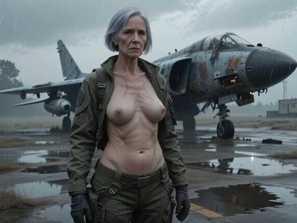 A full-body view at a distance of 6 meters, from head to toe. A cinematic sci-fi fantasy artwork, (an aged nude pilot woman, 70 years old, her skin is that of a 70-year-old woman. The old lady has grey, Small, long, and very saggy breasts, old, wrinkled, and sagging skin, typical of her age of 70, with stretch marks, ((very detailed skin)), . Hair cut in a bob.
A soldier standing alone in front of a derelict, abandoned fighter jet on a rainy, desolate airfield, cinematic lighting, moody atmosphere, overcast sky, wet concrete with puddles reflecting the dim light, muted color palette, gritty texture, highly detailed mechanical parts of the jet, melancholic war-torn scene, post-apocalyptic aesthetic, digital oil painting style, masterpiece, 8k resolution, dramatic shadows.)