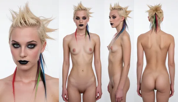 Four photos of the same woman in a single image.
On the left is a portrait of the woman, then, from left to right, a full-body shot from the front, a full-body shot from the side, and a full-body shot from the back.
A naked 20-year-old punk woman, with small breasts and a perfectly shaved vagina, short hydrogen-blonde hair sticking out in all directions, with several intensive strands of different colors, (red, green, blue, pink), darkly made-up eyes, black lipstick, looks aggro. white background