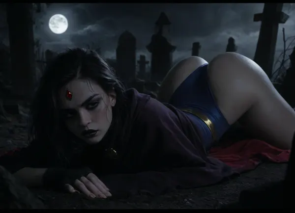 cool glow, dramatic cinematic lighting, moody volumetric god rays, moonlight, full moon, (mark gavatino, Melkor Mancin), incase, realistic masterpiece, 8K UHD, maximum quality, maximum details, score 9, score 8 up, score 7 up, (DC comics Raven), (forehead jewel:1.1), (long sleeve navy blue leotard, fingerless gloves ruby inlay), violet velvet cloak golden brooch ruby inlay, cloak, high waisted leotard, gold belt with multiple ruby inlays, (pale grey skin:1.44), cemetery setting, surrounded by tombstones and graves, dark nighttime, prone, laying, straight bobcut hairstyle, (bored:1.34), ass up, (purple hair), (black lipstick:1.2), medium breasts, (wide hips:1.6), small waist, (skinny athletic physique:1.3), round ass, dark rain clouds, NEGATIVE_HANDS, moonlit body, <lora:EnvyAnimeDigitalPaintingXL01:.9>, <lora:mk_Bp Anime_xl:1.1>, <lora:dark:.8>, hard nipples