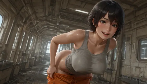 high quality, photorealistic, in messy old spaceship, electronic s-f devices, woman, dirty, sweating, (black short hair), freckles, slim, (large breasts), (orange cargo pants), (grey tank top), (big erect nipples), undressing, (pulling down pants), smile, happy, excited, (looking at viewer)