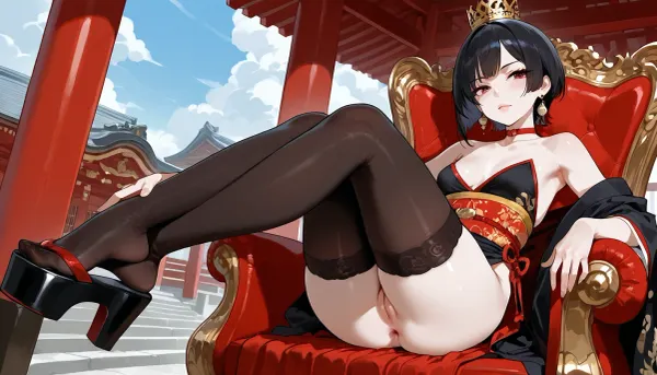 Arrogance, fastidiousness, The crown of the Queen of japan, the crown, on the throne of the Queen, near the japan shrine, cloudy weather, height is exactly 134 centimeters, solo, full-length view, manicure, smooth fair skin, 1girl, small_breasts, bangs, love juices from the anus and vagina, sHe sits with his foot on his foot, short hair, Geta platform heels, stockings, choker, earrings, light makeup, traditional japan dress, pale skin. no_panties, anal oversize plug
