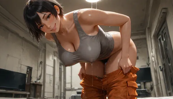 high quality, photorealistic, in messy old spaceship, electronic s-f devices, woman, dirty, sweating, (black short hair), freckles, slim, (large breasts), (orange cargo pants), (grey tank top), (big erect nipples), undressing, (pulling down pants), smile, happy, excited, (looking at viewer), (excessive pubic hair), (dripping juices:1.6)