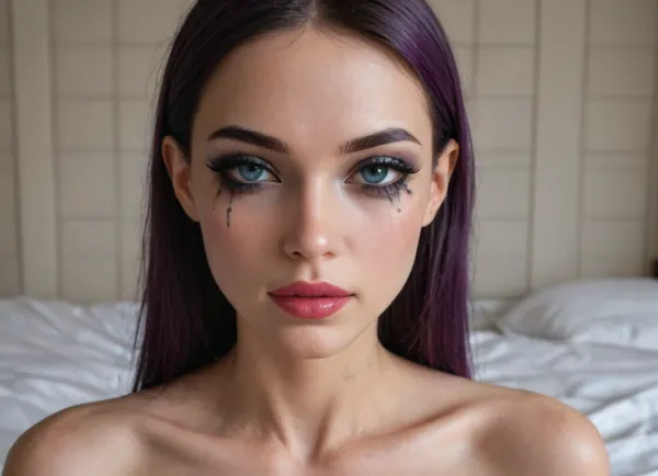 (the brutal Japanese woman:1.7), long straight purple hair, full nude, delicate youthful facial features, large expressive blue eyes, fair smooth skin, natural well-groomed eyebrows, subtle eyelashes, perfectly applied makeup, (flawless professional makeup:1.8), elegant makeup, polished beauty look, luminous complexion, smooth even skin tone, subtle contouring, soft blush, refined eyeshadow, precise eyeliner, defined long eyelashes, big fillers rainbow lips, big glossy lips, harmonious facial makeup, gentle neutral expression, looking directly at viewer, leaning very far forward toward the viewer, face extremely close to the viewer, head dominating the foreground, extreme close-up perspective, face filling most of the frame, strong foreground presence, eyes and facial features prominently visible, relaxed posture, blue big niples, Bells are tied to very large teats, bedroom interior, bed with white bedsheets, wooden bed frame, large window behind her, warm natural daylight, soft sunlight through curtains, cozy elegant bedroom, wooden nightstand, framed wall art, A large, worn‑out pink anus from which a lot of thick semen is oozing., soft background blur, highly detailed youthful adult face, detailed individual hair strands, natural skin texture, realistic fabric texture, cinematic composition, high detail, masterpiece, best quality, (Ultra skinny:2), closeup, luisap, eyes, <lora:LPEYES_lora:.8>, <lora:Lip_Gloss_sexy_lips_by_DarkEffect:2>
