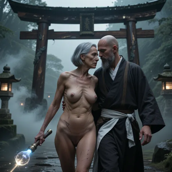 A full-body view at a distance of 6 meters, from head to toe. A cinematic sci-fi fantasy artwork, (an aged nude pilot woman, 70 years old, her skin is that of a 70-year-old woman. The old lady has grey, Small, long, and very saggy breasts, old, wrinkled, and sagging skin, typical of her age of 70, with stretch marks, ((very detailed skin)), . Hair cut in a bob. She makes love with a young man of 30 years old
cinematic medium shot, an elderly Zen master with a gray beard, wearing a traditional dark robe with a white sash, walking forward with a serious expression, a glowing magical light orb or ethereal staff in his hand, a majestic ancient dark wood Japanese torii gate in the background, misty and atmospheric environment, moody lighting, smoke and fog swirling around, ethereal atmosphere, highly detailed textures, photorealistic, 8k resolution, epic fantasy style, dramatic shadows, muted color palette, masterpiece.)