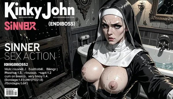 magazine cover, title, "Kinky John", "SINNER SEX ACTION", (("ENDBOSS")), (detailed monochrome pen and ink sketch:2), extremely stylized background, An illustration in a bold, graphic style, (Sin City), dim lighting, victorian bath room. The artwork uses soft-contrast linework and cross-hatching for texture and depth, with a stark, graphic quality reminiscent of French adult comix. The lighting is implied through strong shadows and line work, creating a dramatic, theatrical mood. The overall style is illustrative, with exaggerated proportions and a focus on narrative and character interaction. high angle, close up, selfie

ultra-realistic, demon nun, shiny grey hair, Disgust attitude, (((black hair))), (hard body:1.3), (huge breasts:1.3), (saggy breasts:1.3), (Disgust:1.3), (standing pose:1.3), (pussy pissing:1.2), (cum on breasts:1.4), (very wet and sweaty body:1.9), (//Bondage:1.8), bdsm room, low dim light, hell, (PISS:1.3), ., ((hands tied on the back:1.5))