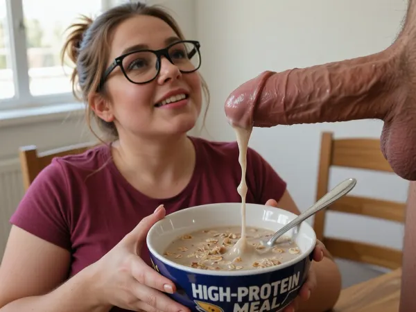 A 35-year-old woman with light brown hair—featuring reddish highlights and styled in a messy updo—wears large glasses, she is cute, attractive, charismatic, obese, and very full-figured, dressed in a dark pink T-shirt. She smiles warmly while looking up at the ceiling, holding a cereal bowl labeled "HIGH-PROTEIN MEAL." The scene is an eye-level close-up captured in a naturally lit interior—likely a kitchen or dining room—with soft light streaming through a window. She sits at a wooden table, delicately holding the bowl filled with a thick, creamy liquid and oats, while a large, realistic penis enters the frame from the right, ejaculating a thick, creamy fluid into the cereal bowl. The focus is sharp on the bowl and the stream of fluid, leaving the woman slightly blurred in the background to create a shallow depth of field. The lighting is soft and even, highlighting natural skin tones and the glossy texture of the fluid. The background is uncluttered, showing only a simple wooden chair and a white wall, keeping the focus on the central action. The overall style is hyper-realistic, featuring a high level of detail and a tone that is slightly humorous and surreal, arising from the contrast between the mundane setting and the explicit content.