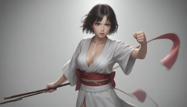ITVA integrated_multimodal_description, The karate girl is training fist blows., [Shot 1], The girl in kimono is actively training fist punches. She is standing firmly on one place in a fighting stand and is performing fist blows by altering right hand and left hand punches. She makes strained exhale sound with each punch, putting lots of energy in each blow. Her kimono gradually gets loose more and more with each punch, getting out of the belt and revealing her nude tits on her strained breast. The girl does not notice that her kimono gets loose and she just continues her active training. overall_soundscape, cloth flapping on active movements non_diegetic_music, none