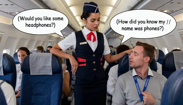 Air hostess, standing in the aisle, leaning, hostess speech bubble, (Would you like some headphones?), / She is looking at the Englishman in the seat, people seated in plane, man speech bubble, (How did you know my name was phones?)