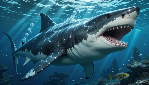 breathtaking illustration of A massive mighty majestic megalodon swimming in the deep ocean., illustration, masterpiece, breathtaking illustration.