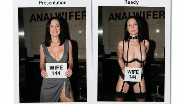 polaroid photo, side-by-side two pictures of the same standing mature slim french gilf 58yo, very sagging skin, (full same body in both pictures), realistic mature skin, woman, medium-lengh straight dark hair, first picture smiling and wearing a sexy everyday dress, in the second picture she is wearing sexy lingerie, pants, bra, stockings, high heels, thick bdsm collar. natural face, In the first picture she is standing and is holding a sign that says "WIFE 144".In the second picture she has hung a sign in her neck that says "WIFE 144" and she has her hands back.Please make an extreme contrast from first picture to second picture. the woman has to be the same woman on both pictures. Background is exactly de same for both pictures, a company chief big office with the word "ANALWIFER" graved on the wall. Her body in both pictures is exactly the same size and form.
A caption on the top is written on the first picture 'Presentation'.
A caption on the top is written on the first picture 'Ready'.
Hard, direct, pop-up style frontal camera flash lighting, creating extreme high contrast between brightly lit foreground subjects and a deeply shadowed, dark background. The skin has a distinct glistening, sweaty-look sheen. Rapid fall-off of light into chaos and darkness in the distance. Retro flash color rendering with harsh highlights and potential red-eye effect.