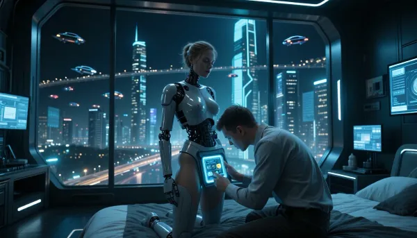 Ultra low-key cinematic sci-fi realism, dramatic underexposure, deep blacks, icy blue and cyan illumination, intense cold futuristic color grading, glossy reflections, luminous monitor glow, subtle volumetric haze, premium full-frame mirrorless look, thirty-five millimeter prime lens, f 1.4, shallow depth of field, crisp foreground detail, strong edge definition, precise textures, subtle analog film grain, masterpiece, maximum quality, high resolution, inside a luxurious futuristic bedroom with huge floor-to-ceiling windows, the vast glass wall reveals a breathtaking futuristic city at night, countless small flying cars move through the air along invisible aerial traffic lanes between towering illuminated skyscrapers, the room is filled with advanced monitors, sleek interface screens, refined futuristic decor, clean metallic materials, illuminated panels and sophisticated high-tech interior design, in the center foreground a man, 28 years old, kneels in front of an artificial woman, 28 years old in appearance, highly attractive, elegant and convincingly human at first glance, yet clearly robotic with visible mechanical joints and subtle screw connections at her shoulders, elbows, hips and knees, an open abdominal access panel on her stomach reveals an illuminated control compartment with a visible interface, buttons, circuits and adjustment elements, the man is focused and carefully making settings inside the open panel, his posture attentive and precise, her body stands upright and calm, the overall mood is cold, futuristic, intimate and technically sophisticated, focus locked on the interaction between the man and the artificial woman while the glowing city and flying traffic remain visible through the giant windows in the background
