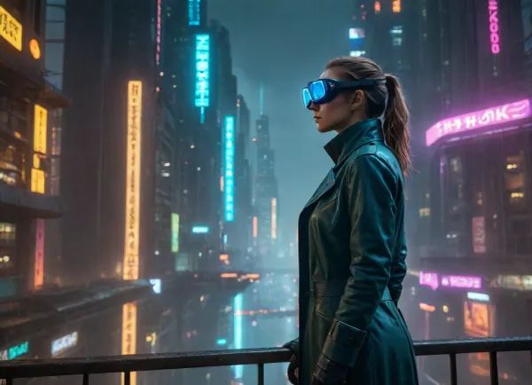 masterpiece, top quality, (raw photo:1.2), breathtaking cyberpunk epic wide-angle establishing shot, an immense hyper-detailed dystopian metropolis at midnight. Towering vertical city canyon with infinite depth and scale. Colossal megastructures pierce dense glowing neon smog, endless layers of stacked architectural cyberpunk slums. Streams of futuristic flying vehicles and advanced hover-cars zip between skyscrapers, leaving long light trails through the rain. In the foreground, a lone cybernetic woman in a dark wet trench coat is standing in profile on a high-altitude rusted metal balcony. She is wearing sleek hyper-detailed cyber-goggles with a faint neon blue digital UI HUD glowing on the lenses. Volumetric atmospheric haze, heavy rain, soft ambient reflections of teal and amber neon, shot on 24mm lens, cinematic storytelling, 8k resolution