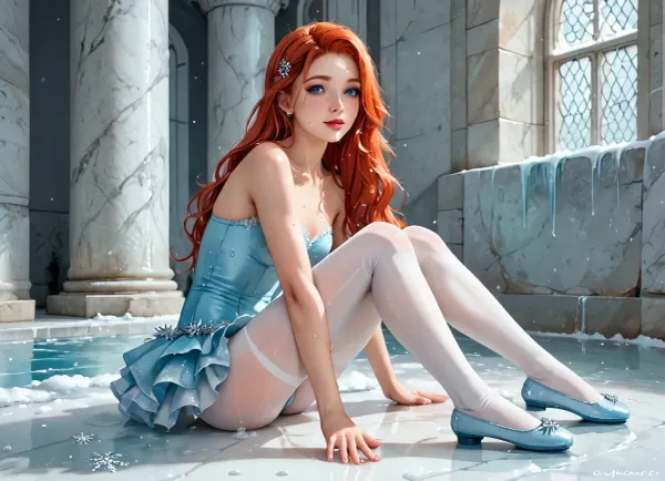 Masterpeice, Super clean, highly detailed watercolor painting, The wet-on-wet watercolor style, a Chunky 23 year old girl, redhead, wavey long hair, perfect face, deep blue eyes, small chest, pawg, in a icy blue ballerina tutu, white tights, blue ballerina slippers flatws, laced all the up past her knees. She is on her butt, legs flat on the floor, she jusy slippedon tue ice, water on the floor, splashing into ice. In a ice palace, shimmering iced walls, frost-covered chandeliers, Soft, ethereal light bathes the room, highlighting the beauty of the interaction. Snowflakes gently fall around them, adding to the serene, magical atmosphere. ral-wtrclr, 4ng3l, face, DayAfterTomorrow, <lora:ral-wtrclr-sdxl:2>, <lora:Dance_Art:1.7>, <lora:SDXL_BetterFaces-LoRA_v1:1.4>, <lora:The_Day_After_Tomorrow-_Ice_Covered_World_Morph:1.8>