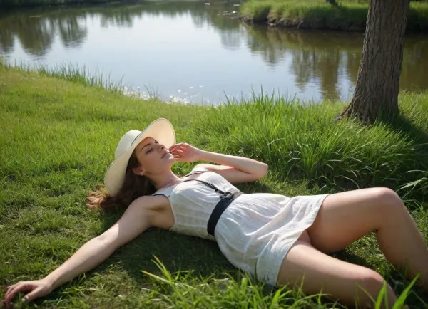 A serene, sun-dappled scene of a woman lying on her back on a grassy bank beside a calm pond. She wears a white sun hat tilted over her face, obscuring her eyes, appearing to rest peacefully, presenting her nice vagina under her skirt. Her arms are crossed over her abdomen, and a black band is visible on her left ankle. The composition places her centrally in the foreground, with dappled sunlight and deep shadows creating a strong contrast across the green grass. In the background, the tranquil water reflects the sky, bordered by tall reeds and lush vegetation. A pair of black shoes and a small white object lie on the grass near the water's edge. The lighting is bright, natural daylight, casting sharp, elongated shadows from unseen trees. The overall atmosphere is one of quiet relaxation in a natural setting. The image has a realistic, photographic style with vibrant colors and a shallow depth of field, focusing sharply on the woman while softly blurring the background.