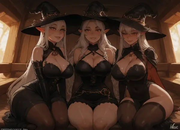 (score_9, score_8_up, score_7_up, masterpiece), sharp focus, a sexy elf witch with white hair is sitting in a sexy pose, witch hat, smiling, in a hut, black clothes, lesbian threesome, incase style, (Cartoony), incase, style, Dark, Fantasy, page, <lora:Incase_Style__SDXL:.8>, <lora:Dark Fantasy:.8>