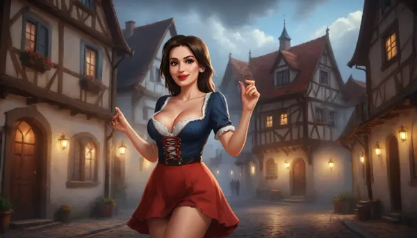 (one woman, mature 50 year old, brunette, sensual smile, red lips, small breasts, dancing sexy striptease), (wearing oktoberfest clothes, pulled down exposing breasts), (medieval german town, half-timbered houses with white walls and black roofs, people in background), evening, close side view, (artwork, digital painting, fantasy art, loading screen art style), <lora:SDXLSamDoesArts:.1>, <lora:SumTim:.1>, <lora:Sinister_Style_SDXL:.1>