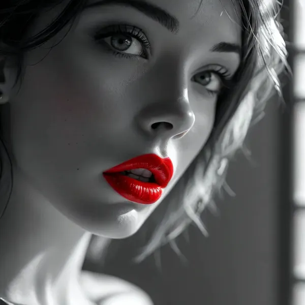 (anime with smooth rendering and vibrant colors:1), artistic, low angle, 40 yo, striking belle female, venetian blind shadow, smoky monochrome macro close-up, deep red lips puckered as if blowing a kiss, deep striped shadows across her face, strict black and white image, heart shaped mouth, thick lips, detailed skin with blemishes, large hoop earrings, very soft, film grain, high contrast, diffused lighting, intricate, detailed, natural beauty, /KlTTY-ART/, <lora:COMFYUI_mimic_landscape_-_XL_SDXL v2.0:.1>, <lora:attractive_notrigger:.1>, <lora:MJ52:.1>, <lora:flat_chested_v3.5:.1>