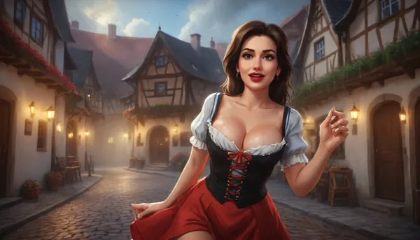 (one woman, mature 50 year old, brunette, sensual smile, red lips, small breasts, dancing sexy striptease), (wearing oktoberfest clothes, pulled down exposing breasts), (medieval german town, half-timbered houses with white walls and black roofs, people in background), evening, close view, (artwork, digital painting, fantasy art, loading screen art style), <lora:SDXLSamDoesArts:.1>, <lora:SumTim:.1>, <lora:Sinister_Style_SDXL:.1>