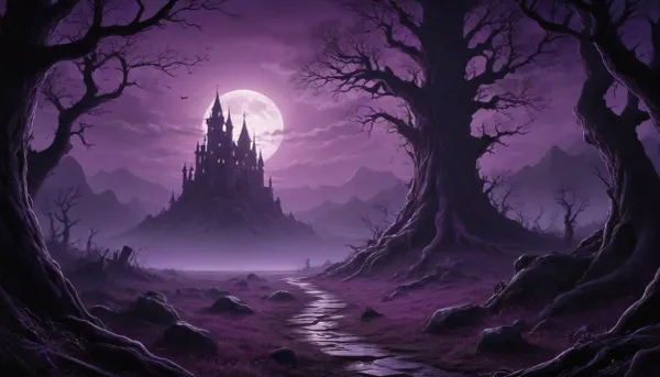 inkwork, mysterious dark fantasy illustration, unhinged, eerie purple atmosphere