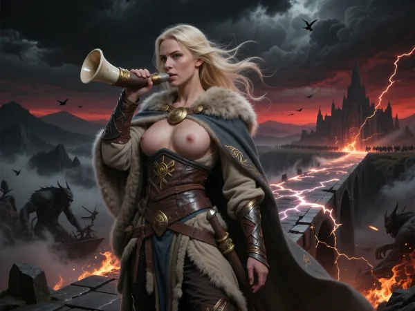 A dark, apocalyptic, mythologically grounded genderbent depiction of Heimdall from Norse mythology as an unmistakably female Norse goddess of vigilance, guardianship, boundaries, and the protection of Asgard, portrayed at the beginning of Ragnarök.

She stands upon Bifrost as the bridge begins to fracture beneath a blackened storm sky. The once-radiant path between worlds is breaking apart into shards of spectral light, mist, and fire, with cracks of unnatural energy spreading through the bridge while distant Asgard looms beneath an ominous red-gray horizon.

Heimdall is a tall, athletic, busty, striking Scandinavian woman with fair Nordic skin, long pale golden-blonde hair whipped violently by the storm, and intensely focused light-colored eyes. Her expression is grave, resolute, and utterly composed. She has waited for this moment for ages, and there is no hesitation in her.

She wears historically inspired Norse warrior clothing made from layered wool, linen, leather, fur, bronze, and iron, practical and battle-worn rather than ornate fantasy armor. Her cloak lashes in the wind, and subtle gold or sunlike motifs are worked into the fabric.

She raises Gjallarhorn to her lips and sounds it across the Nine Worlds. The horn should look ancient, ceremonial, and powerful, made from pale horn with restrained bronze or gold fittings. The blast should be represented through the environment rather than cartoonish sound waves, clouds ripple apart, distant mountains tremble, birds scatter, mist tears away from the bridge, and the air itself seems to vibrate.

Her extraordinary senses should still be suggested through composition, she is aware of distant armies, movement across impossible distances, dark shapes approaching from the horizon, and the collapse of order across the worlds.

Her famously golden teeth may be subtly visible beneath the tension of her expression, natural and understated rather than metallic.

In the far distance, ominous silhouettes may suggest the forces of Ragnarök gathering — giants, monstrous wolves, burning horizons, or dark ships — but they should remain secondary and atmospheric rather than dominating the image.

The mood should feel solemn, catastrophic, sacred, and inevitable rather than chaotic action spectacle. Heimdall is not panicking, she is fulfilling the final duty she has guarded for eternity.

Explicitly female incarnation of Heimdall, Ragnarök, Gjallarhorn, breaking Bifrost, end of the gods, mythological realism, dark Norse atmosphere, cinematic composition, realistic anatomy, realistic hands, detailed face, dramatic storm lighting, deep shadows, spectral bridge light, highly detailed, photorealistic.